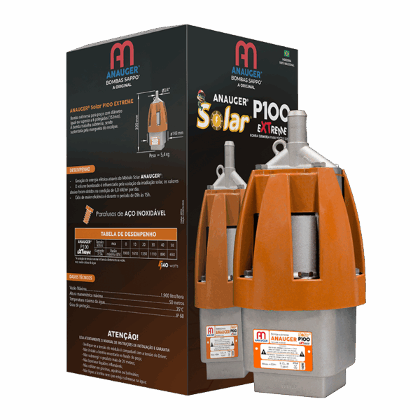 Kit Bomba Solar Anauger P100 - até 8600l/dia máx 40m altura + Painel Solar + MC4 para Poço