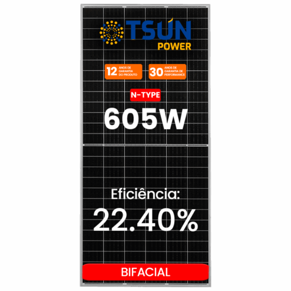 Painel Solar Fotovoltaica TSUN 605w Monocristalino BIFACIAL N-Type 22,4% eficiência moldura preta